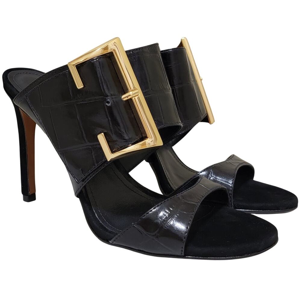 Schutz Women Beatrix Stiletto Heel Buckle Slide Sandals Size US 10B Black Croc